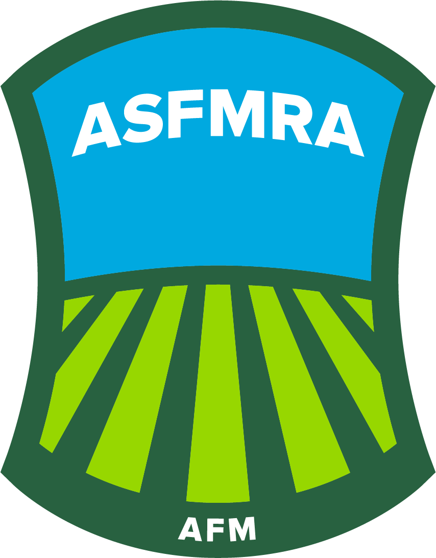 Logo with ASFMRA text above stylized green fields on blue background.